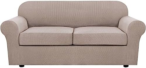 H.VERSAILTEX 3 Piece Stretch Sofa Covers for 2 Cushion Sofa Couch Covers for Living Room Furniture Cover (Base Cover Plus 2 Seat Cushion Covers) Thicker Jacquard Fabric(Large Sofa, Sand) by HVERSAILTEX