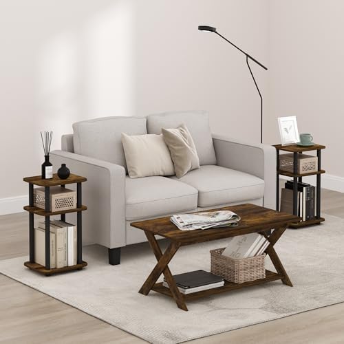 Furinno JUST 3-Tier Telephone Table Set of 2, Turn-N-Tube Toolless Side Table with Open Shelf, Round Curve Corner Night Stand, Bedside Table, for Living Room, Bedroom, Amber Pine - Image 2