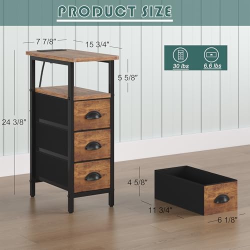 shtmec Narrow End Table Set of 2 with Charging Station, Side Tables Set 2 with Fabric Drawers, Small Bedside Tables Nightstands for Small Space, Slim Sofa Couch Table for Livingroom, Rustic Brown - Image 3