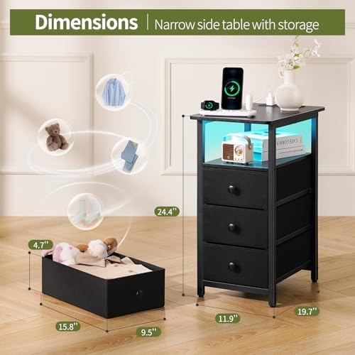 Yoobure End Table with Charging Station, LED Narrow Side Table Bedside Table, Small Night Stand End Tables Living Room, Skinny Nightstand with 3 Fabric Drawers, Side Tables Bedroom for Small Spaces - Image 2