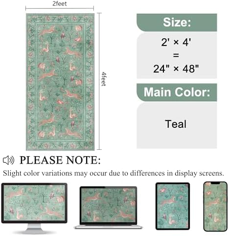 DUKINO 2x4 Rug for Entryway, Animal Washable Runner Rug for Kitchen, Teal - Image 2