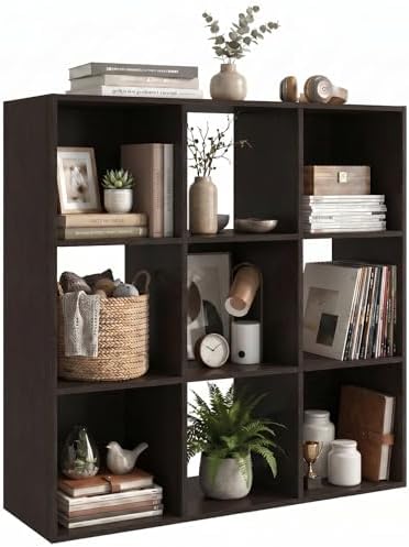 WannabeMyself【Sturdy Build&Easy Assembly】9 Cube Storage Organizer with Anti-Tipping Kits,Reversible Open Back Book Shelf, Bookcase for Living Room,Bedroom,Entrance Hall,Office,35.8×11.4×35.9,Chocolate by WannabeMyself