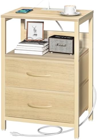Yoobure Nightstand with Charging Station, Small Night Stand with Fabric Drawers and Storage Shelf for Bedrooms, Nightstands for Small Spaces, Bedside Table with USB Ports & Outlets, Bed Side Table by Yoobure