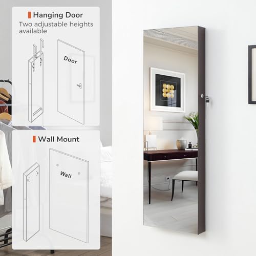 GISSAR Full Length Mirror Jewelry Cabinet, 6 LEDs Jewelry Armoire Wall Mounted Over The Door Hanging, Jewelry Organizer Storage with Lights Lockable, Brown, 14.6" x 47.2" - Image 2