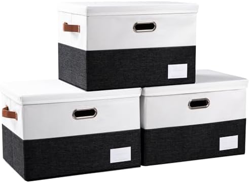 PRANDOM Foldable Storage Bins with Lids [3-Pack] Fabric Collapsible Storage Boxes Baskets Cubes Containers with Handles for Closet Living Room Bedroom (Black & White 17.7x11.8x11.8'') by Prandom