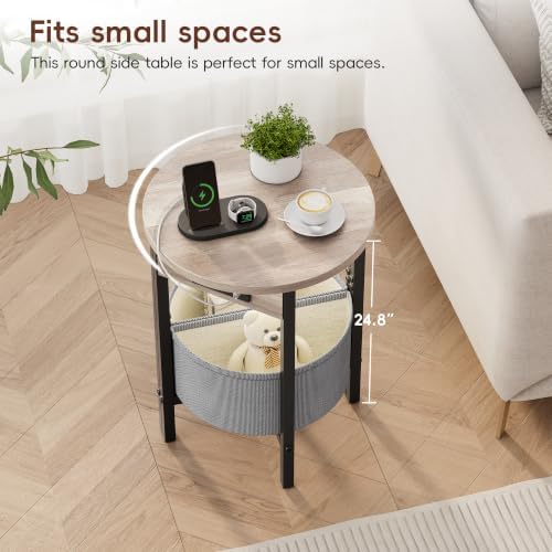 Vagusicc Round Side Table with Charging Station, Round End Table with Fabric Basket, Accent Table Coffee Table, Set of 2 Half Moon Tables, Bedside Table, Modern LED Nightstand for Living Room, Grey - Image 4