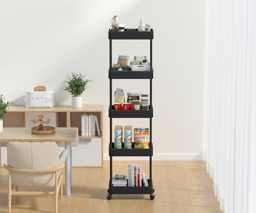 Sooyee 5-Tier Plastic Rolling Utility Cart with Wheels, Multi-Functional Storage Trolley for Office, Living Room, Kitchen, Movable Storage Organizer, Black - Image 6