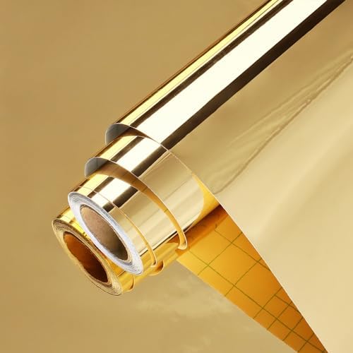 Wallercity Glossy Gold Mirror Stickers Peel and Stick Mirror Wallpaper for Countertops Dresser Crafts Metallic Mirrors Contact Paper for Walls Table 24''x118'' Flexible Non-Glass Vinyl Adhesive Sheets by Wallercity