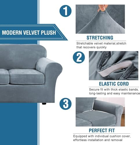 H.VERSAILTEX High Stretch Sofa Slipcover 4 Piece Cover Velvet Furniture Protector Form Fit Thick Velvet Extra Large Sofa Cover for 3 Cushion Couch Width Up to 97 Inch (Large Sofa, Stone Blue) - Image 3