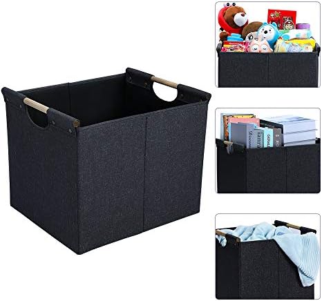 HOONEX Large Collapsible Storage Bins, Linen Fabric, 2 Pack, Storage Baskets with Wooden Carry Handles and Sturdy Heavy Cardboard, for Home, Office, Car, Nursery, Dark Grey - Image 3
