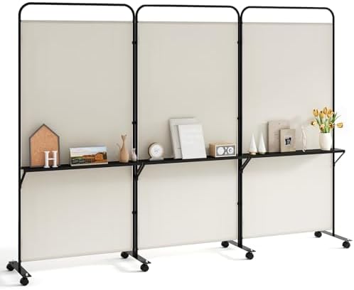 Giantex 3 Panel Room Divider with Wheels and Shelves, 103" W x 74" H Folding Privacy Screen, Rolling Partition Separator for Home Office Studio, Fabric Wall Divider for Room Separation (Beige) by Giantex