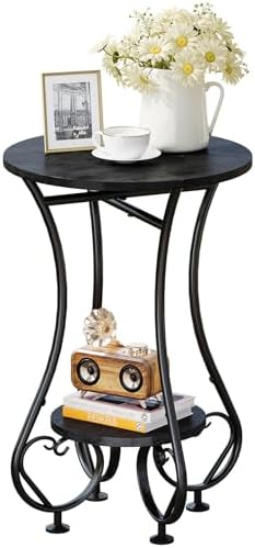 X-cosrack Small Round Side Table,Round End Table for Small Spaces - Black Metal Nightstand with Adjustable Feet,Couch Sofa Coffee Table,Retro Accent Table for Living Room Bedroom Balcony by X-cosrack