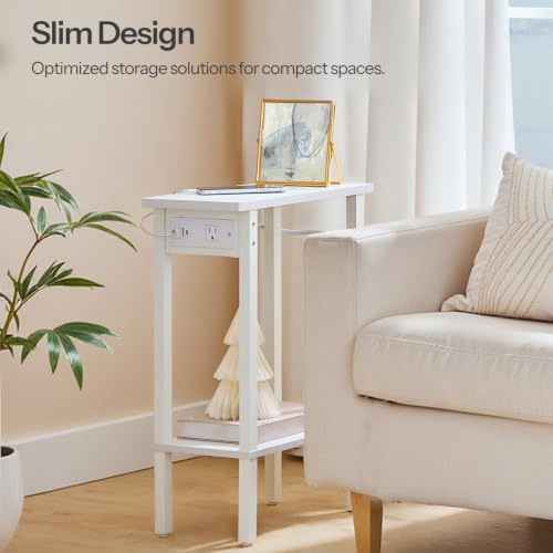 HOOBRO Narrow Side Table, 2-Tier Slim End Table with Charging Station, Skinny Nightstand with Open Storage, for Small Spaces, Living Room, Bedroom, Study, White WT240UBZ01 - Image 4
