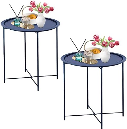 Garden 4 you End Table 2 PCS Metal Side Table Dark Blue Round Folding Tray Cyan Sofa Small Accent Fold-able Table, Round End Table Tray, Next to Sofa Table, Snack Table for Living Room and Bed Room by Garden4you