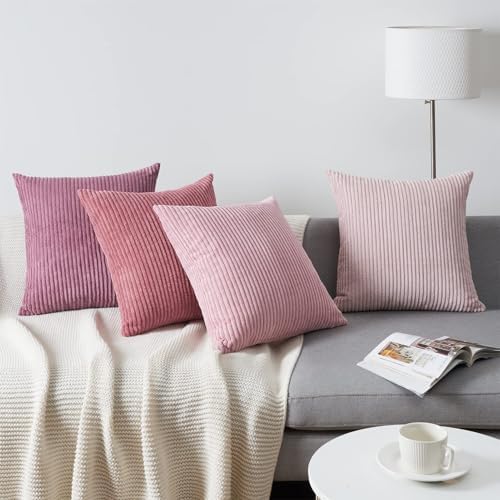 Topfinel Throw Pillow Cover 4pc Set - Multi Pink Combo - 26" x 26" Solid Cozy Corduroy Square Accent Decorative Cushion Case for Couch Sofa Chair Bed & Home, Only Covers - Image 4