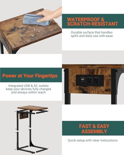 C-Shaped Side Table for Couch - Small Coffee Stand Sofa Tray Desk with Metal Frame Waterproof Scratch Resistant Wood Top and Built-in Charging Station, Rustic Brown - Image 3