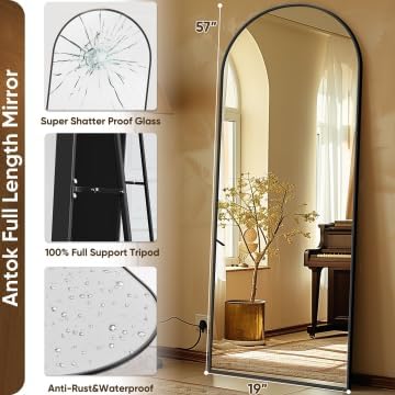 Antok Full Length Mirror, 59"x18" Floor Mirror with Stand, Black, Arched - Image 7
