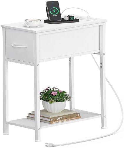 Vagusicc End Table with Charging Station, Narrow Side Table Nightstand with Fabric Drawer, Slim Nightstand for Bedroom, Small Bedside Table, Slim Sofa Side Table for Small Spaces, White by Vagusicc