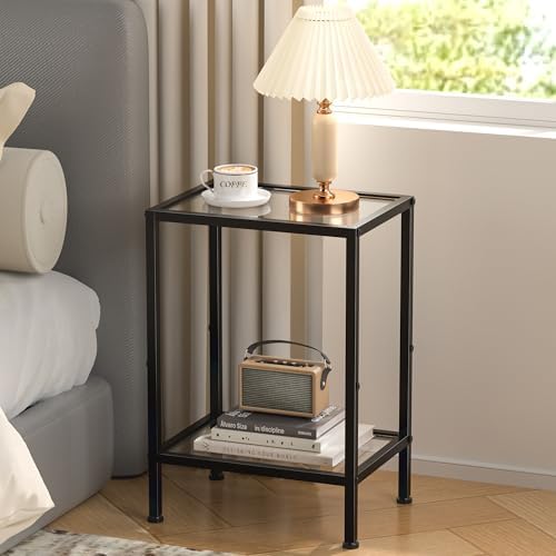 Glass Side Table, Tempered Glass End Table, 2-Tier Nightstands with Open Shelves, Small Coffee Table with Modern Style, Accent Table Small Table Sofa Table for Living Room, Bedroom,Black - Image 5