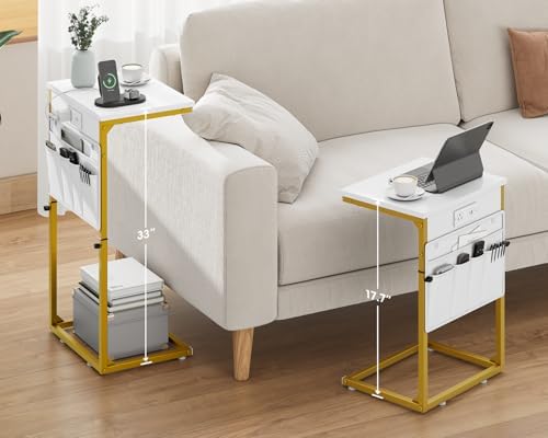 Vagusicc C-Shaped End Table with Charging Station, Small Side Table for Couch, 33" Tall C Table Adjustable Height Side Table, Couch Tables that Slide Under, Sofa Table TV Tray for Living Room, Golden - Image 2