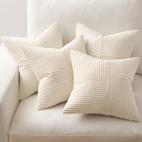 MIULEE Beige Throw Pillow Covers 20x20 Inch Set of 4 Boho Patchwork Cushion Cases Modern Farmhouse Pillow Cases with Invisible Zipper Corduroy Striped Home Decor for Couch Sofa Bedroom - Image 5