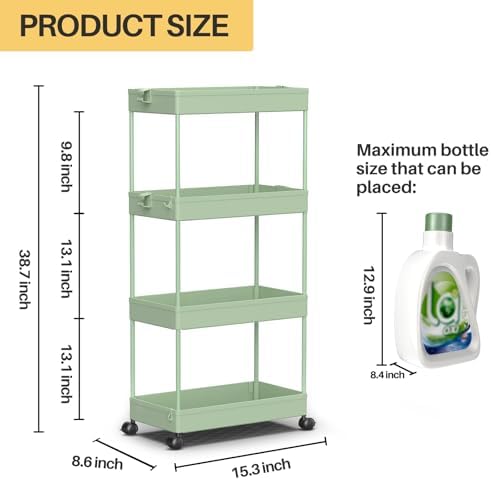 SPACEKEEPER 4 Tier Rolling Cart, Bathroom Cart Organizer with Wheels, Green - Image 4