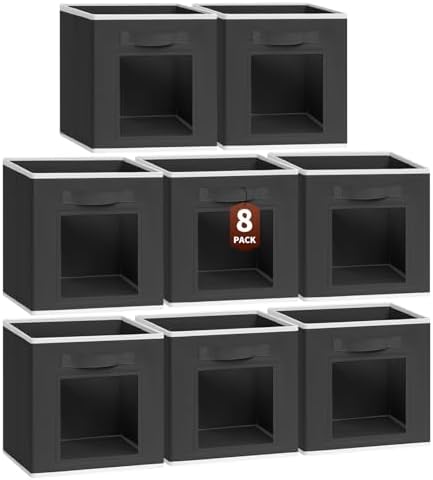 Homsorout Foldable Storage Cubes - Cubby Storage Organizer with Window, Decorative Baskets for Organizing, Fabric Bins for Clothes Storage, Closet Storage Cubes-11inch, 8 Pack, Black by Homsorout