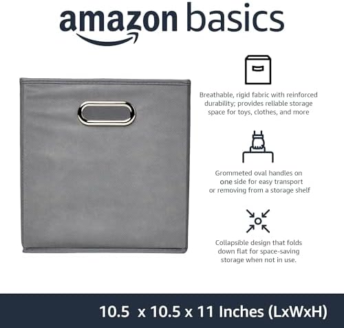 Amazon Basics Collapsible Cube Storage Bins, Space-Saving, Organizing Fabric Bins with Handles, 10.5 x 10.5 x 11 inches, Light Grey, 6-Pack - Image 2