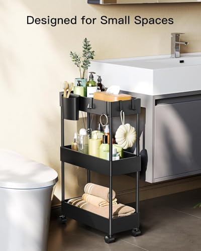 Pipishell 3 Tier Bathroom Storage Cart, Slim Storage Cart with Wheels,Black - Image 4
