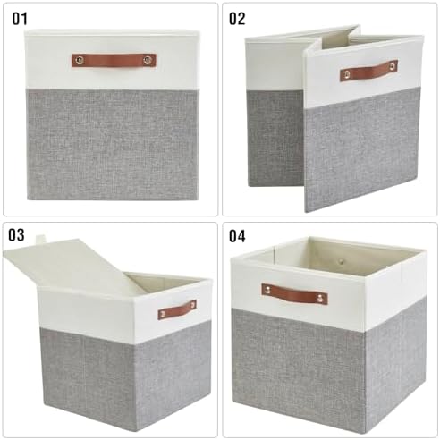 Bagnizer Collapsible Fabric Storage Cube Bins with 2 Reinforced PU Handles, Foldable Storage Organizer Baskets for Closet, Shelves, Living Room | 13"x13"x13", 4 Pack, Gray & White - Image 6