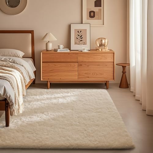 Ophanie 3x5 Rug, Bedside Preppy Dorm Area Rug, College Essentials Non Slip Ivory Small Carpets for Bedroom, Anti Slip Fluffy Living Room Rugs Home Decor with Over 99 pcs Pile fibers by Ophanie