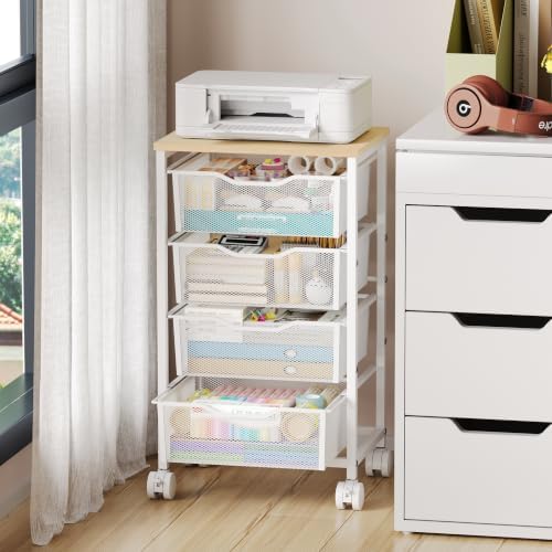 Hongtamoya Rolling Cart with Drawers, Storage Cart with Wheels Metal Rolling Drawer Cart with Lockable Wheels and Wood Tabletop Craft Storage Art Cart for Living Room Bedroom Classroom Office White by Hongtamoya