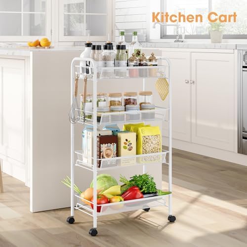 TOOLF 4 Tier Rolling Cart, Metal Utility Storage Cart with Wheels, White | 3 Hooks, Screwless Assembly, Trolley Organizer for Bathroom, Kitchen, Office, Nursery, Dorm, Laundry Room - Image 2