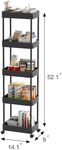 Sooyee 5-Tier Plastic Rolling Utility Cart with Wheels, Multi-Functional Storage Trolley for Office, Living Room, Kitchen, Movable Storage Organizer, Black - Image 5