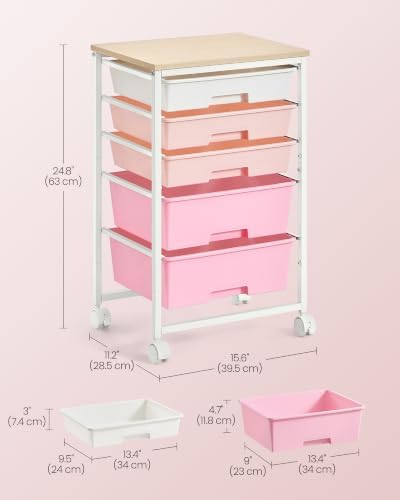 VASAGLE Rolling Cart with Drawers,5 Drawers Storage Cart, Pink - Image 3
