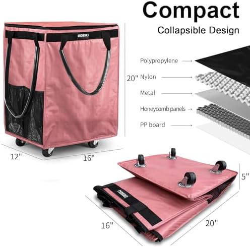 (Medium,Pink) Reusable Grocery Bag on Wheels, 70L Foldable Rolling Tote,Extra Storage for Shopping, Zipper Clouser Shopping Carts for Groceries,Trips, Laundry, Moving,4 Heavy Duty Wheels - Image 6