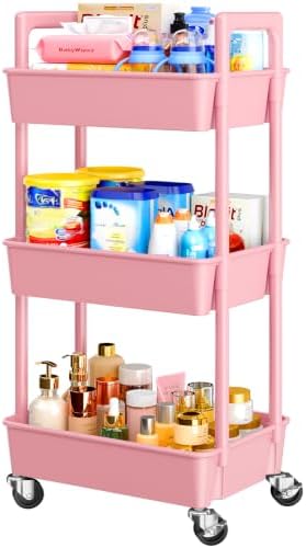 Pipishell 3 Tier Rolling Cart Organizer, Plastic Rolling Cart with Lockable Wheels & Reinforced Handle, Lightweight Utility Storage Cart for Nursery, Kitchen, Craft Room, Pink by Pipishell