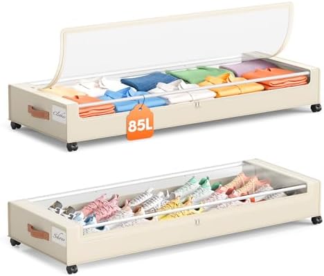 Yecaye Under Bed Storage with Wheels 2 Pack, 85 L Extra Large Under Bed Storage Containers with Metal Frame & Clear Lid, Rolling Underbed Organizer Bins Drawers for Clothes, Shoes, Blankets, Beige by Yecaye