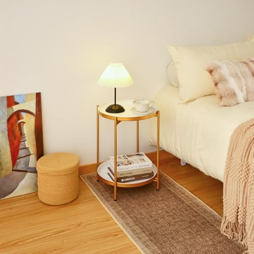 2-Tier Round End Side Table, Small Metal Side Table with Removable Tray, Folding Accent Tables for Living Room, Balcony, Nightstand for Bedroom, Outdoor Tables for Patio, Gold&White - Image 6