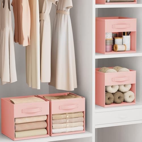 DIMJ Cube Bins, 12.2-Inch Storage Bins Cubes with Window, 6 Packs Collapsible Storage Bins with Handles, Closet Storage Baskets for Organizing Living Room, Office, 6 Pack,Pink - Image 5
