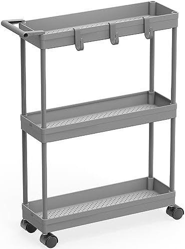 Simple Houseware 3-Tier Slim Rolling Cart w/Handle 5.5" Wx27.5 H, Gray by SimpleHouseware