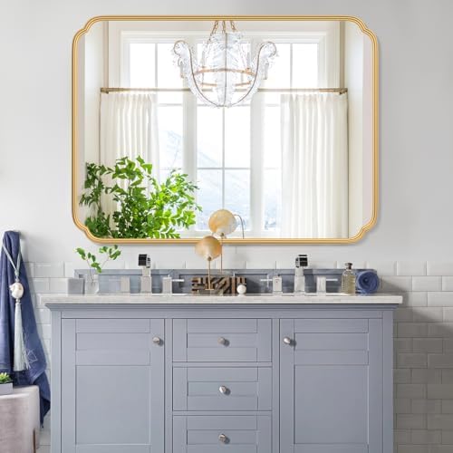 Ferytange 30" x 40" Gold Bathroom Mirror for Over Sink, Modern Rounded Corner Rectangle Wall Mirror for Bathroom Vanity Decorative with Non-Rusting Iron Metal Framed (Horizontal/Vertical) - Image 3
