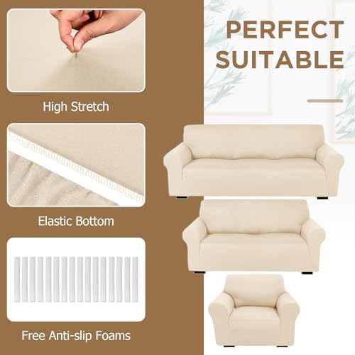 Peryiter 3 Pcs Couch and Loveseat Sofa Covers,Cream,Milk Silk - Image 4