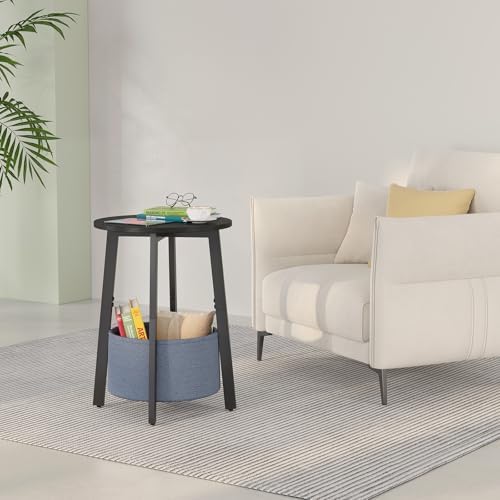 sthmec Small Round Side End Table Set of 2 with Cloth Storage Basket, Round Bedside Sofa Couch Coffee Tables for Small Places with Metal Frame, Modern Nighstands for Living Room Bedroom,Black - Image 4