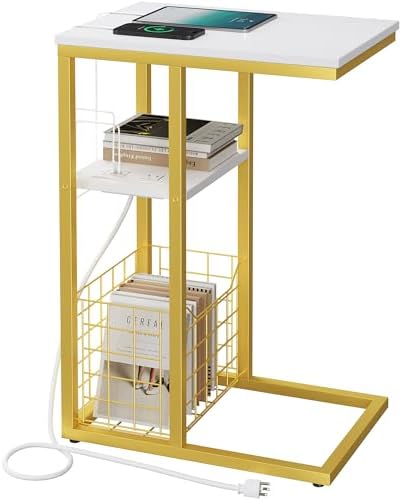 Vagusicc C Shaped End Table with Charging Station, Side Table for Couch, Small Side End Table for Small Spaces, 28" High Slide Under Sofa Table for Coffee, Tv Tray Table for Living Room, Golden by Vagusicc