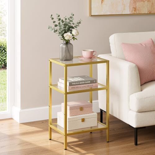 Glass Side Table, Tempered Glass End Table, 3-Tier Nightstands with Open Shelves, Small Coffee Table with Modern Style, Accent Table Small Table Sofa Table for Living Room, Bedroom, Gold - Image 2
