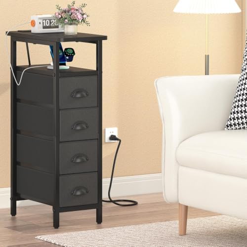 sthmec Side Table with Charging Station, Narrow End Table with 4 Drawers, Small Nightstands with Fabric Drawers,Slim Sofa Couch Side Tables for Small Spaces,Living Room,Bedroom, Black - Image 7