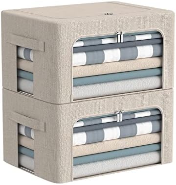 CYhom Clothes Storage Bins Box - Linen Fabric Foldable Stackable Container Organizer Set with Clear Window & Carry Handles & Metal Frame - 2Pack Large Capacity for Bedding, Blankets, Books by CYhom