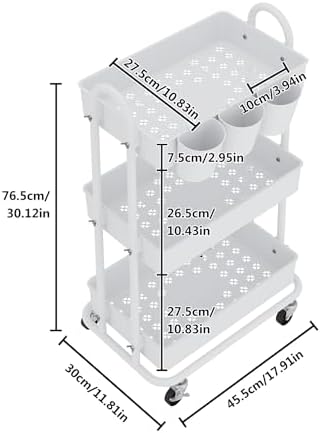 3-Tier Utility Cart with Wheels, Rolling Cart with 3 Hanging Baskets, Storage Shelves, Multi-Functional Organizer Cart for Bathroom, Office, Kitchen, White - Image 6