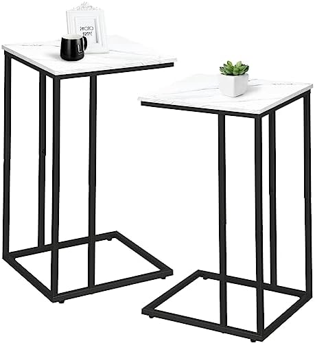 C Shaped Side Table Set of 2, Marble End Table for Sofa and Bed, Couch Table That Slide Under, Snack Side Table for Living Room, Bedroom or Small Spaces, White and Black by Possile